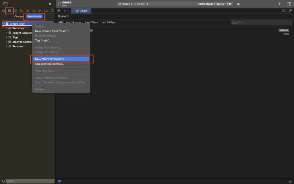 ソースコントロールナビゲーターの「Repositories」を右クリックk、「New "YourRepo" Remote」を選択