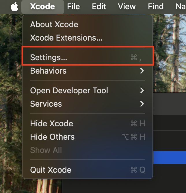 メニューバーの「Xcode」>「Settings」で設定画面を開く